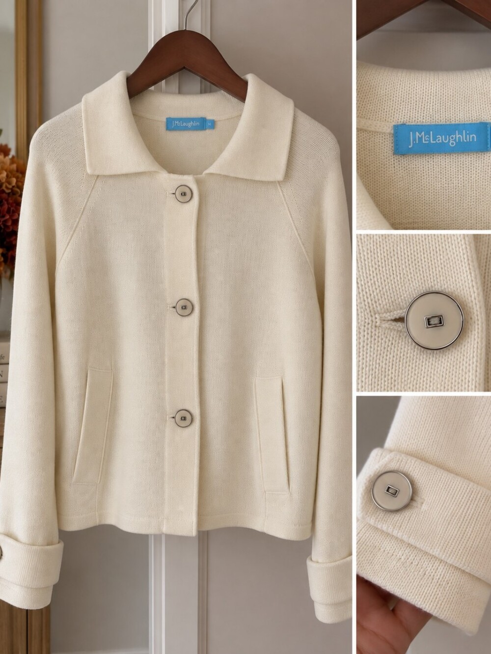 J. McLaughlin Cream Collar Button-Front Jacket SIZE: Medium